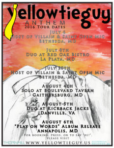 July 6 Villain and Saint Bethesda Maryland July 8th Red Oak Bistro La Plata July 20 August 4 Boulevard Tavern Gaithersburg August 5 Kick Back Jacks Danville Virginia August 6 Metropilitan Kitchen and Lounge Annapolis